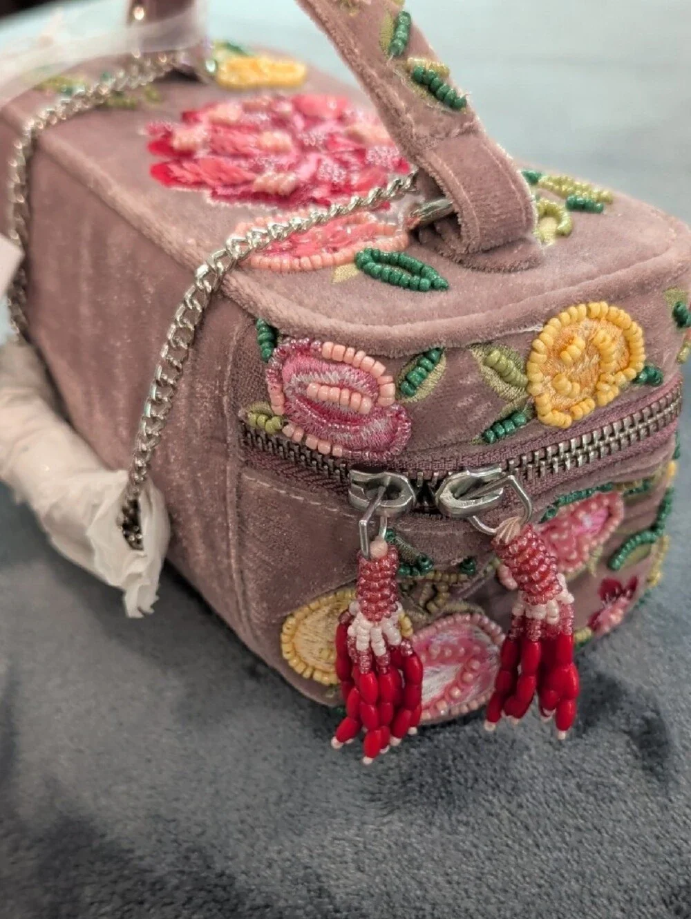 Embroidered Floral Velvet Vanity Bag in Mauve